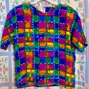 Vintage 80s Le Caviar Maximalist Multicolor Plaid Blouse With Shoulder Pads